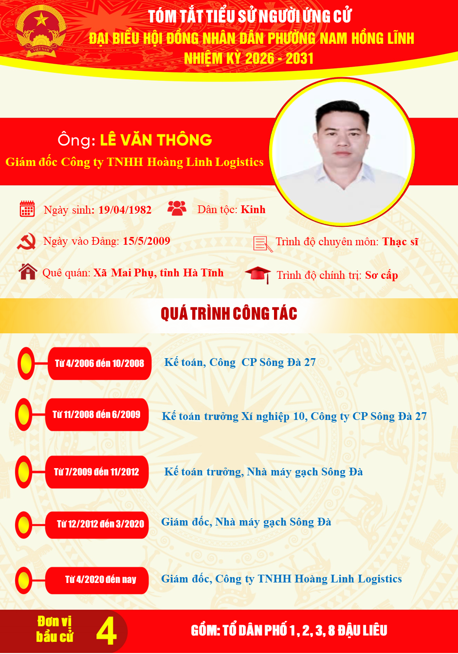 Trân trọng giới thiệu tiểu sử tóm tắt của đồng chí Lê Văn Thông, Giám đốc Công ty TNHH Hoàng Linh Logistics ứng cử Đai biểu Hội đồng nhân dân phường khóa II, nhiệm kỳ 2026-2031 