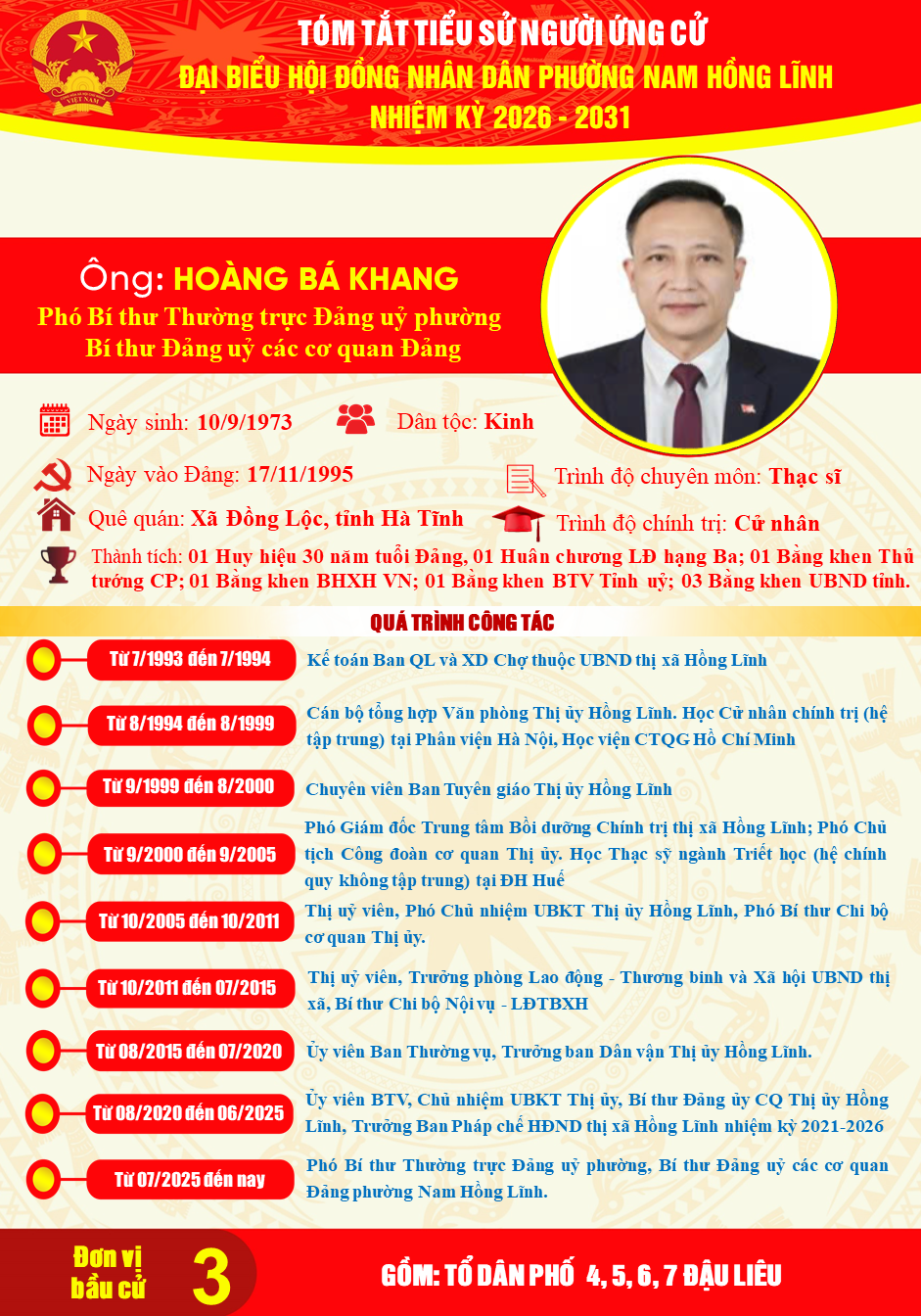 Trân trọng giới thiệu tiểu sử tóm tắt của đồng chí Hoàng Bá Khang, Phó Bí thư Thường trực Đảng ủy ứng cử Đại biểu Hội đồng nhân dân phường khóa II, nhiệm kỳ 2026-2031