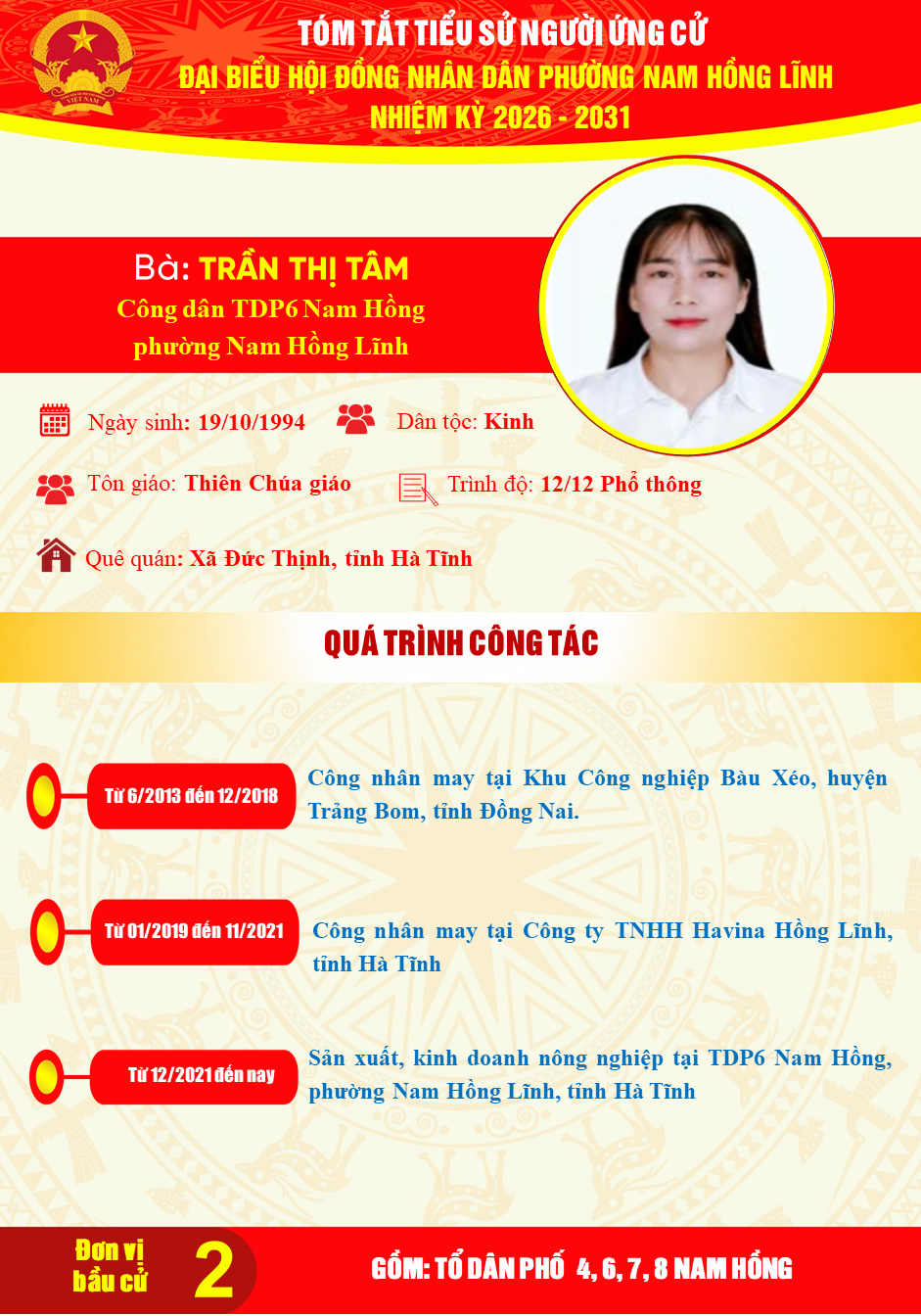 Trân trọng giới thiệu tiểu sử tóm tắt của bà Trần Thị Tâm, công dân Tổ dân phố 6 Nam Hồng ứng cử Đại biểu Hội đồng nhân dân phường khóa II, nhiệm kỳ 2026-2031