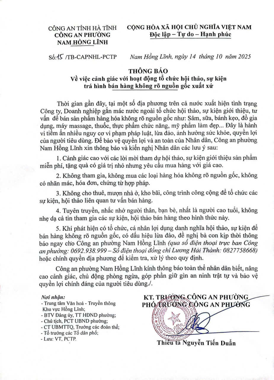 Thông báo đề nghị cảnh giác với hoạt động tổ chức hội thảo, sự kiện trá hình bán hàng không rõ nguồn gốc xuất xứ
