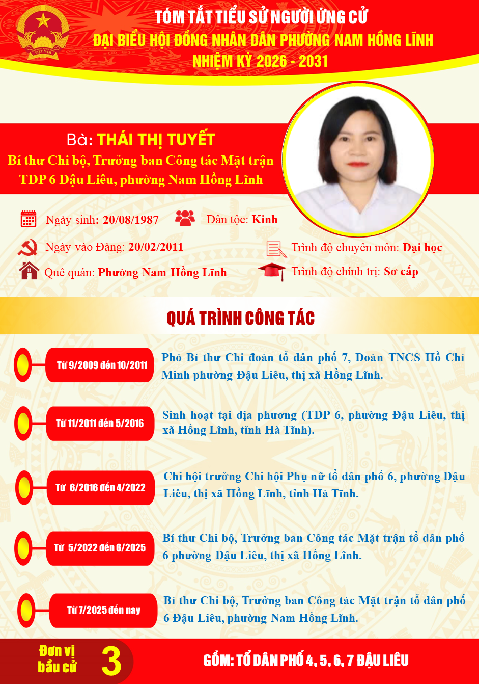 Trân trọng giới thiệu tiểu sử tóm tắt của đồng chí Thái Thị Tuyết, Bí thư Chi bộ, Trưởng Ban công tác Mặt trận Tổ dân phố 6 Đậu Liêu, ứng cử Đai biểu Hội đồng nhân dân phường khóa II, nhiệm kỳ 2026-2031 