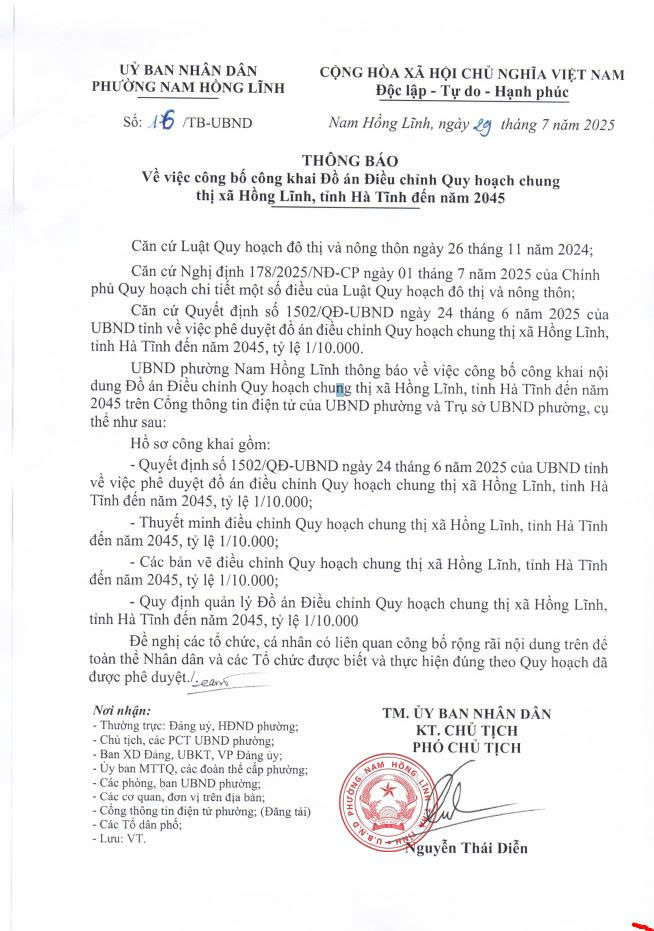 Phường Nam Hồng Lĩnh công bố công khai Đồ án Điều chỉnh Quy hoạch chung thị xã Hồng Lĩnh, tỉnh Hà Tĩnh đến năm 2045