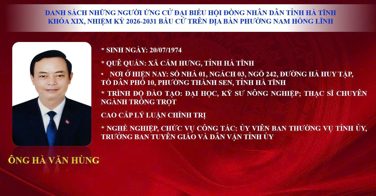 Danh sách những người ứng cử đại biểu Hội đồng nhân dân tỉnh khóa 19, nhiệm kỳ 2026 - 2031 tại phường Nam Hồng Lĩnh - Đơn vị bầu cử số 9.