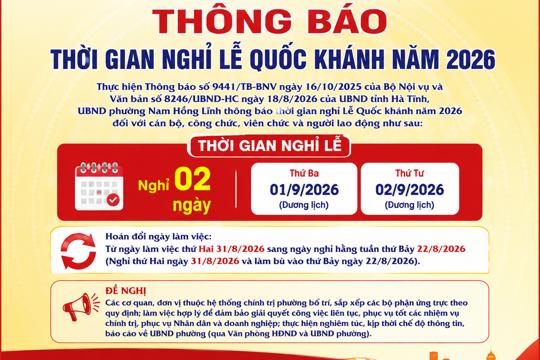 UBND phường Nam Hồng thông báo thời gian nghỉ lễ Quốc khánh năm 2026