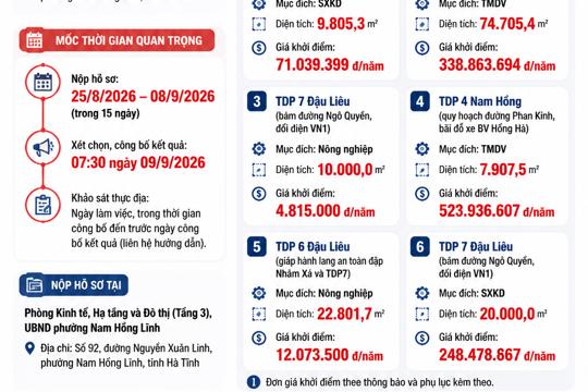Công khai cho thuê đất đối với 06 khu đất, thửa đất cho thuê trong thời hạn không quá 05 năm 