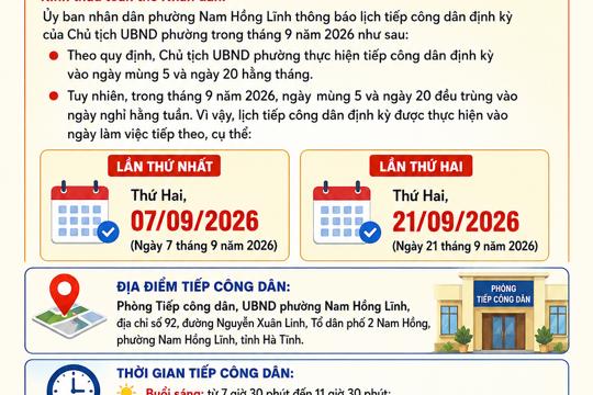 Thông báo lịch tiếp công dân định kỳ của Chủ tịch UBND phường Nam Hồng Lĩnh tháng 9 năm 2026