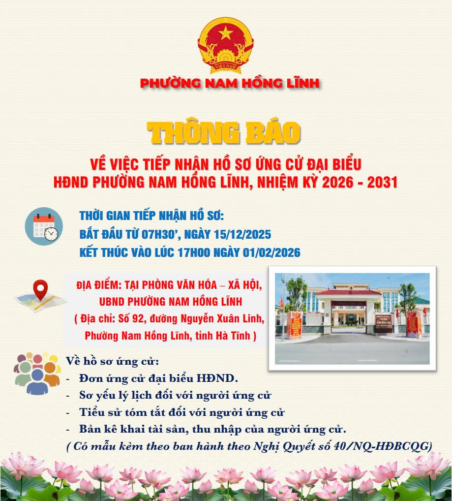 Ủy ban bầu cử phường Nam Hồng Lĩnh thông báo về thời gian, địa điểm tiếp nhận hồ sơ ứng cử đại biểu Hội đồng nhân dân phường nhiệm kỳ 2026 - 2031